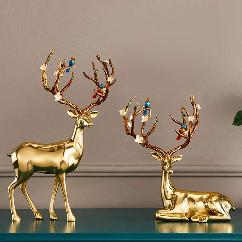 Pair Brass Deer Statue Energetic Environment showpiece Home Office Decor (2)