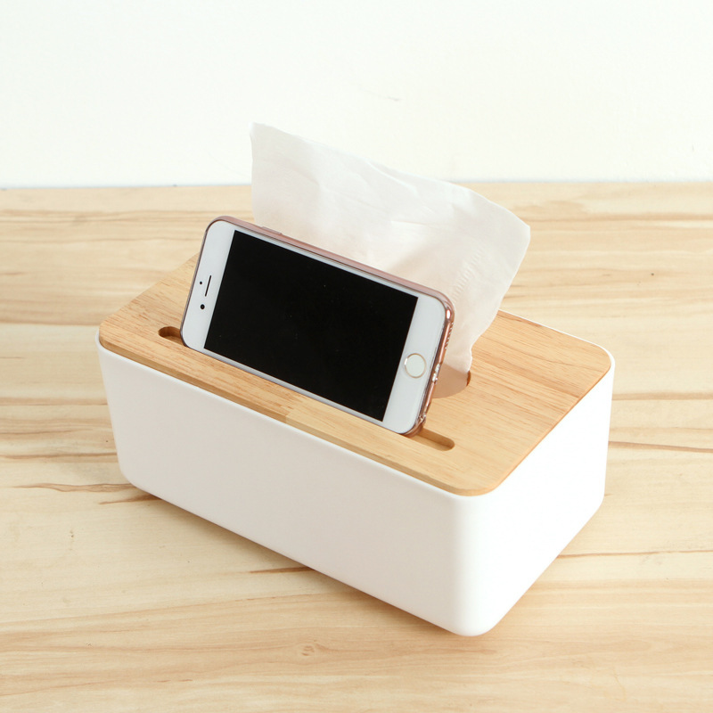 Tissue Box Holder with Bamboo Wooden Cover Phone Slot (2)