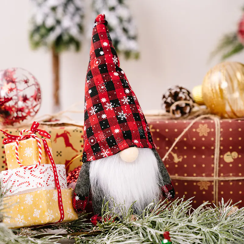 Snowflake Pointed Hat Rudolph Doll Red and Black Plaid Christmas Ornament (3)