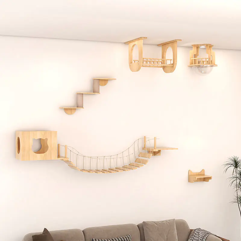 Solid wood cat hammock wall mounted cat climbing frame (2)